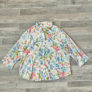 Alfred Dunner Watercolor Floral White Eyelet 3/4 Sleeve Blouse Size 18 O14